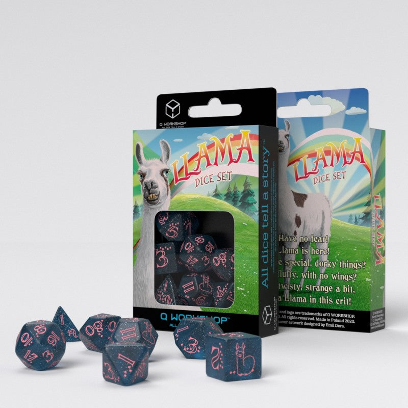 Set de zaruri Sparkling Llama (Glittering Dark Blue & Pink)
